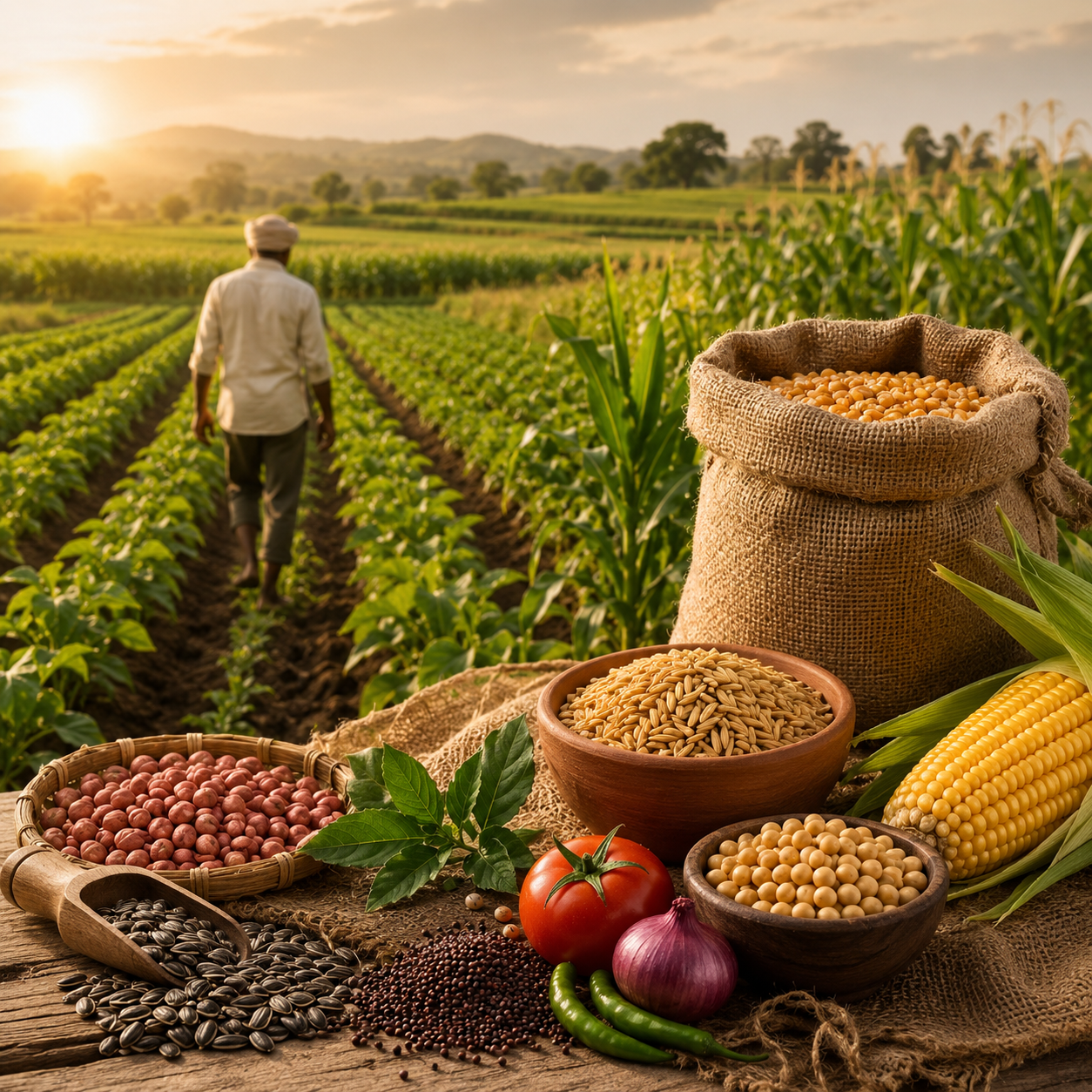 Indian farmer in field with seeds and produce