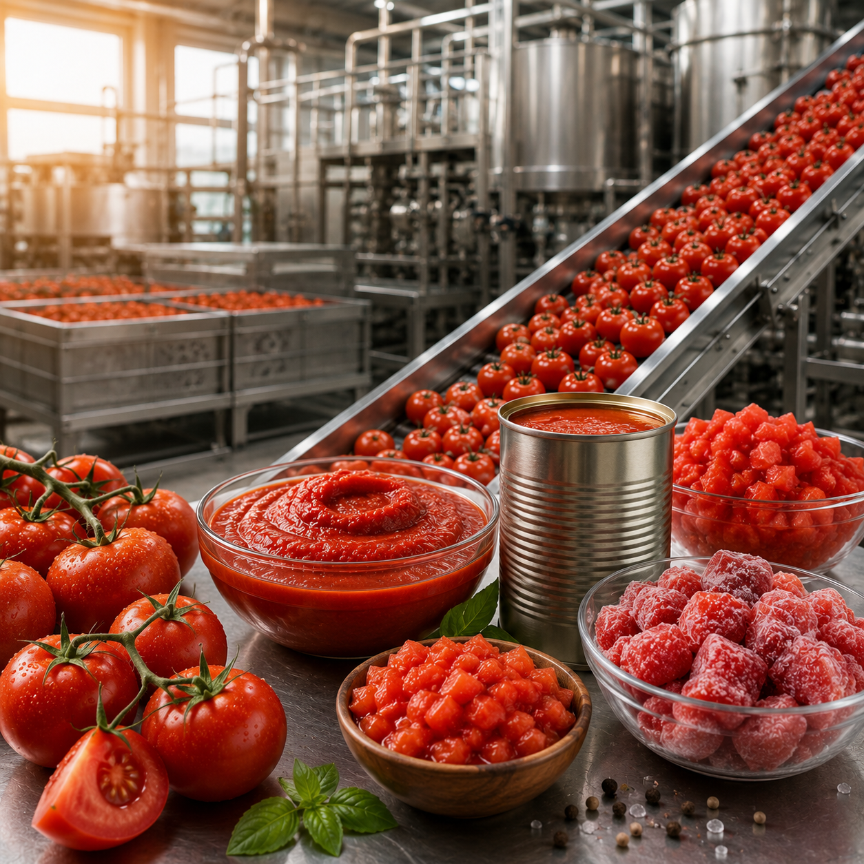 Tomato processing facility with canned produce